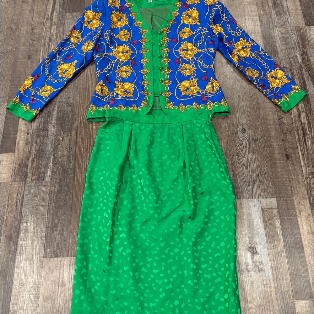 Elegant Green and Blue Women's Skirt Suit